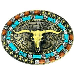 Western Gold Tone Steer Skull Design Turquoise & Brown Bead Oval Belt Buckle NWT